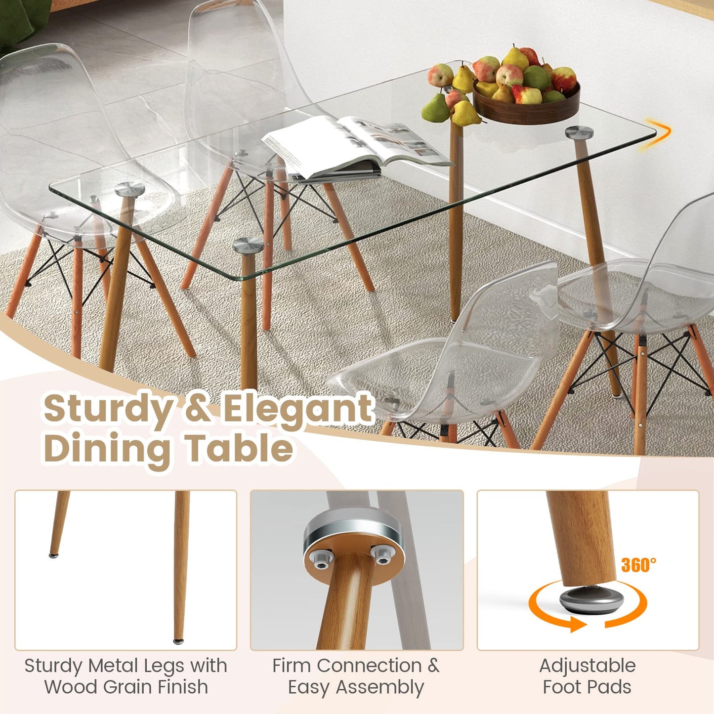 Giantex Dining Table Set for 4, Rectangular Glass Dining Table & 4 White DSW Chairs, 5-Piece Modern Dinette Set for Breakfast Nook, Dining Room, Kitchen, Living Room, White