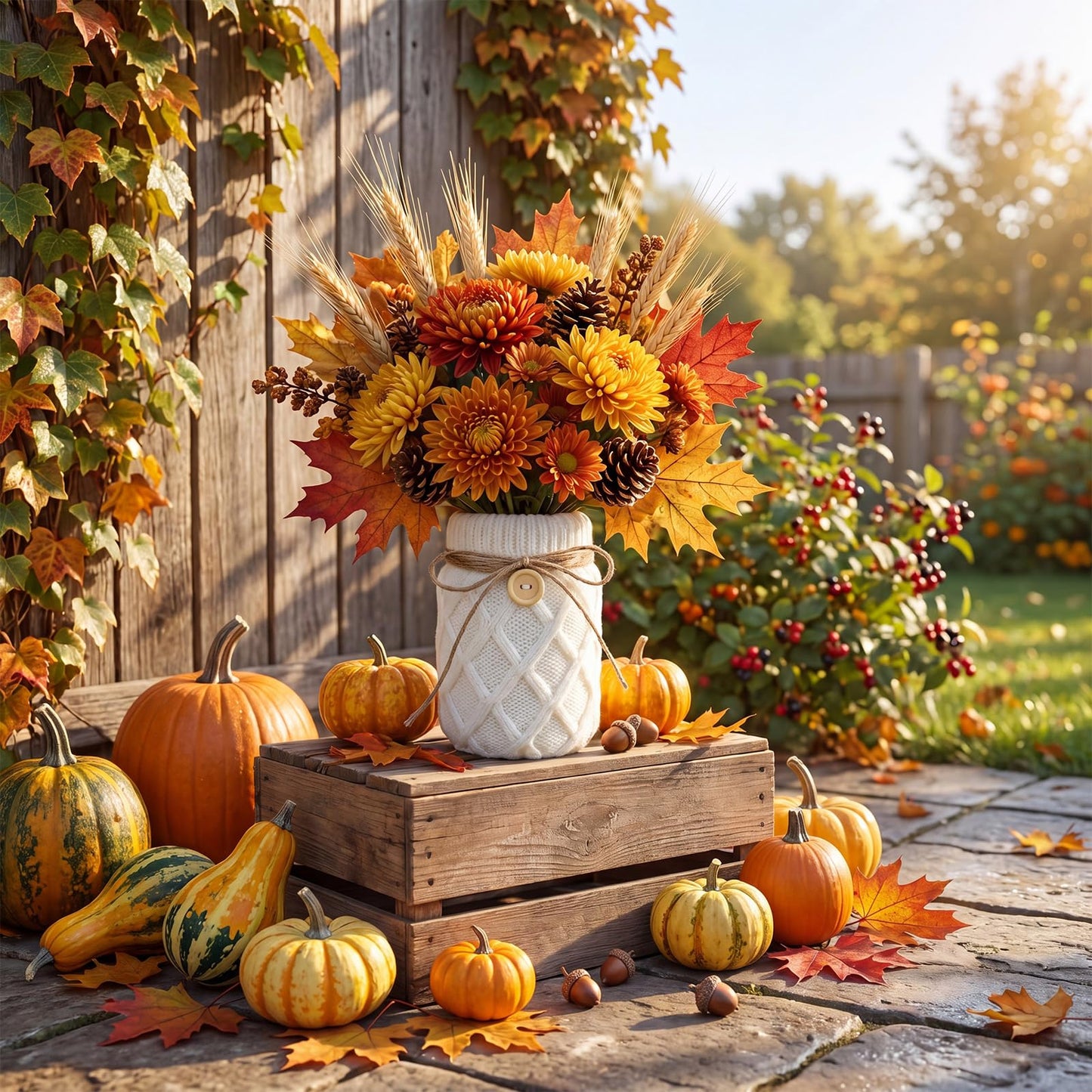 Newtay Fall Table Centerpiece 2 Pieces Mason Jar Vase with White Sweater Cove 17 oz Glass Flower Vase Rustic Autumn Farmhouse Table Decoration with Knit Bow and Button, Cozy Home Decoration