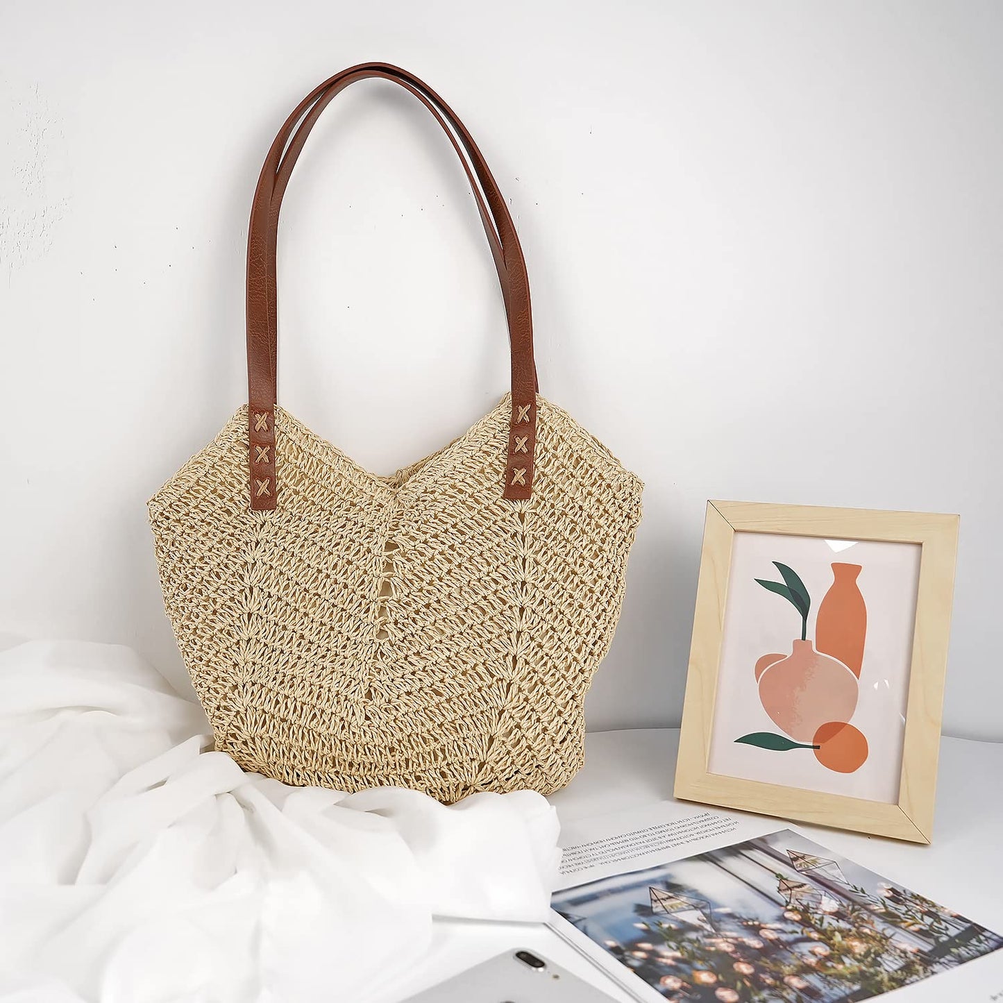 Straw Beach Bag for Women Large Straw Tote Bag with Zipper Summer Woven Bag Travel Straw Shoulder Bags for Vocation
