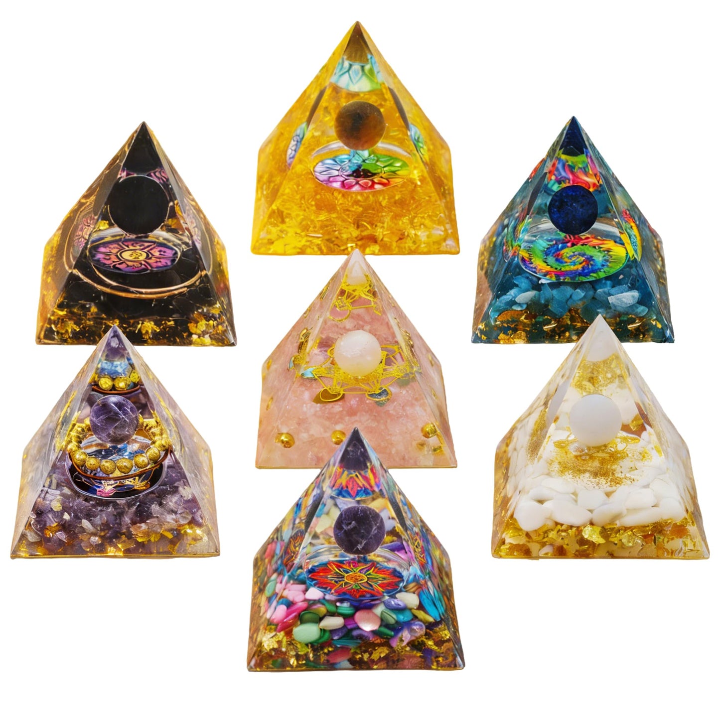 AierCrystal (2inch-7pcs Natural Healing Crystal Pyramid Set —Feng Shui Home Decoration, Chakra Balancing Purification, Energy Healing Meditation Tool, Home Ornament(5cm Pyramid 7pcs Set)