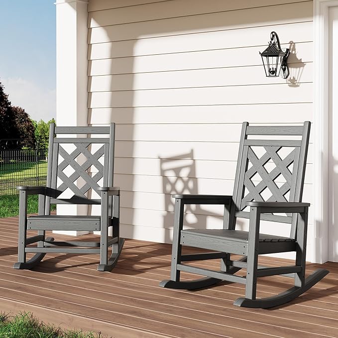GarveeLife Outdoor Rocking Chair Set of 2, HDPE Weather Resistant Patio Rocking Chair Porch Rocker with Wood Texture & 380 LBS Support for Deck, Pool, Backyard, Gray