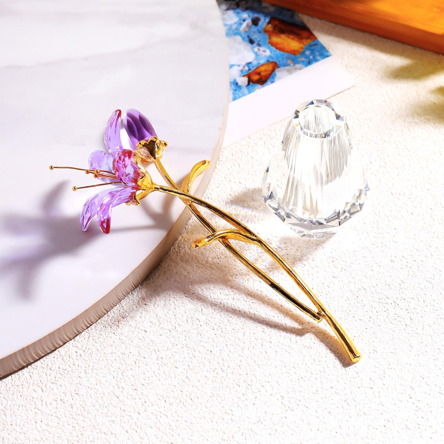 YWHL Purple Lily Flower Gifts for Women, Handmade Crystal Lily Flower Figurine Collectible with Vase, Home Wedding Party Decor