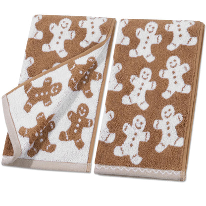 Shemilly 2pcs Christmas Hand Towels Brown Xmas Gingerbread Jacquard Hand Towel for Bath 100% Cotton Thick Soft Bathroom Kitchen Decorative Set for Christmas Winter Holiday Decor Gift,18 x 28 Inch
