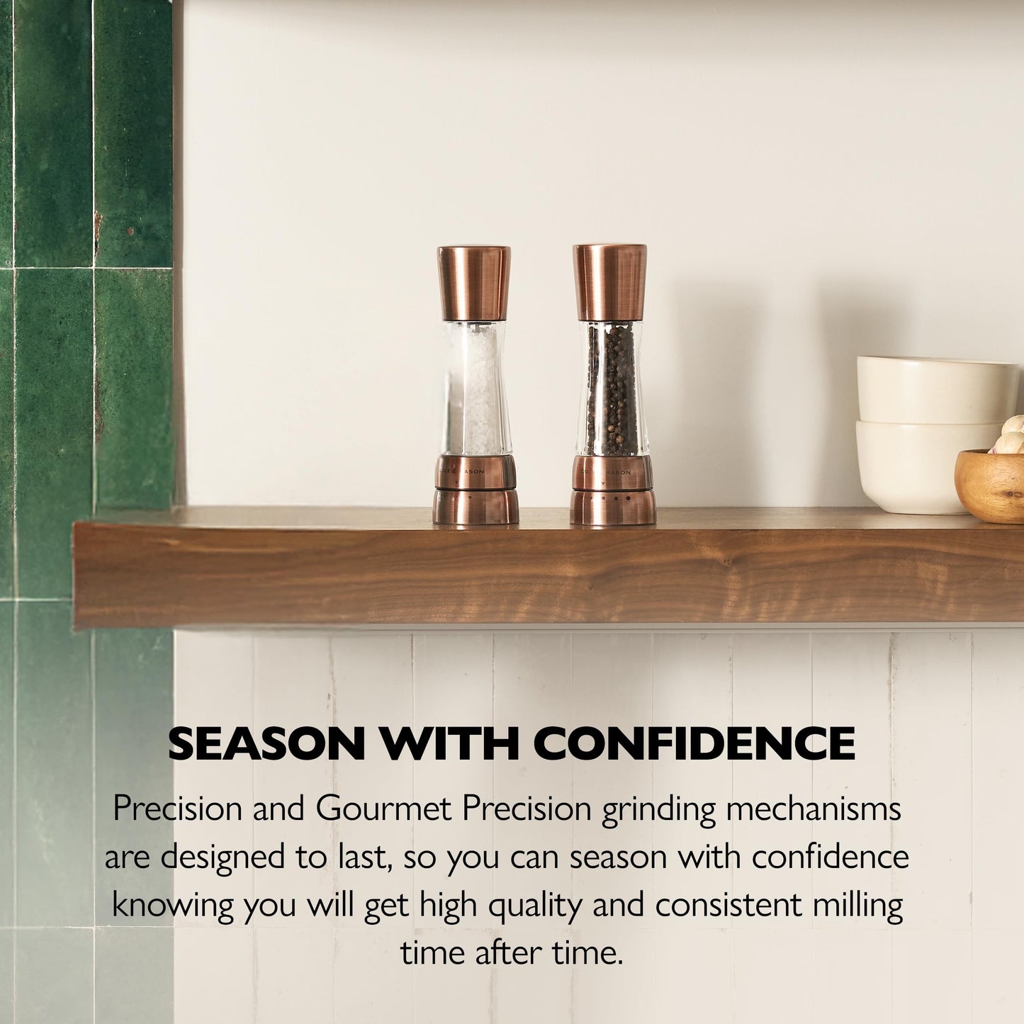 Cole & Mason Derwent Salt & Pepper Mill Gift Set - Refillable Seasoning and Spice Tools - Adjustable Grinder Settings - Copper With Salt and Pepper Tray