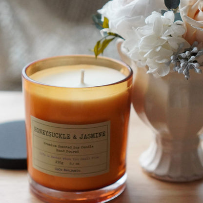 100% Natural Soy Wax Candle by CoCo Benjamin - Highly Scented & Hand-Poured Luxury Candle (Honeysuckle & Jasmine)- Clean Burning Cotton Wick
