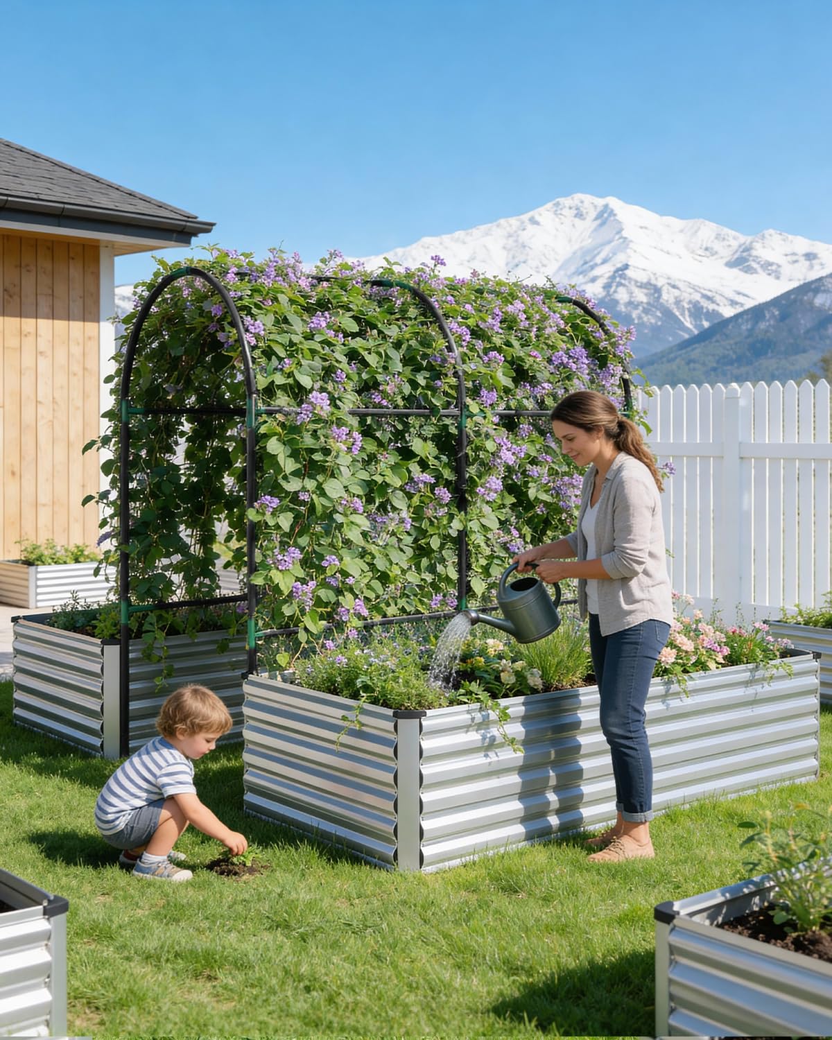 FOOWIN Raised Garden Bed with Arch Trellis for Climbing Plants,Galvanized Raised Garden Bed,Planter Boxes Outdoor for Vegetables Flowers Herb,478 Gallon Capacity Silver
