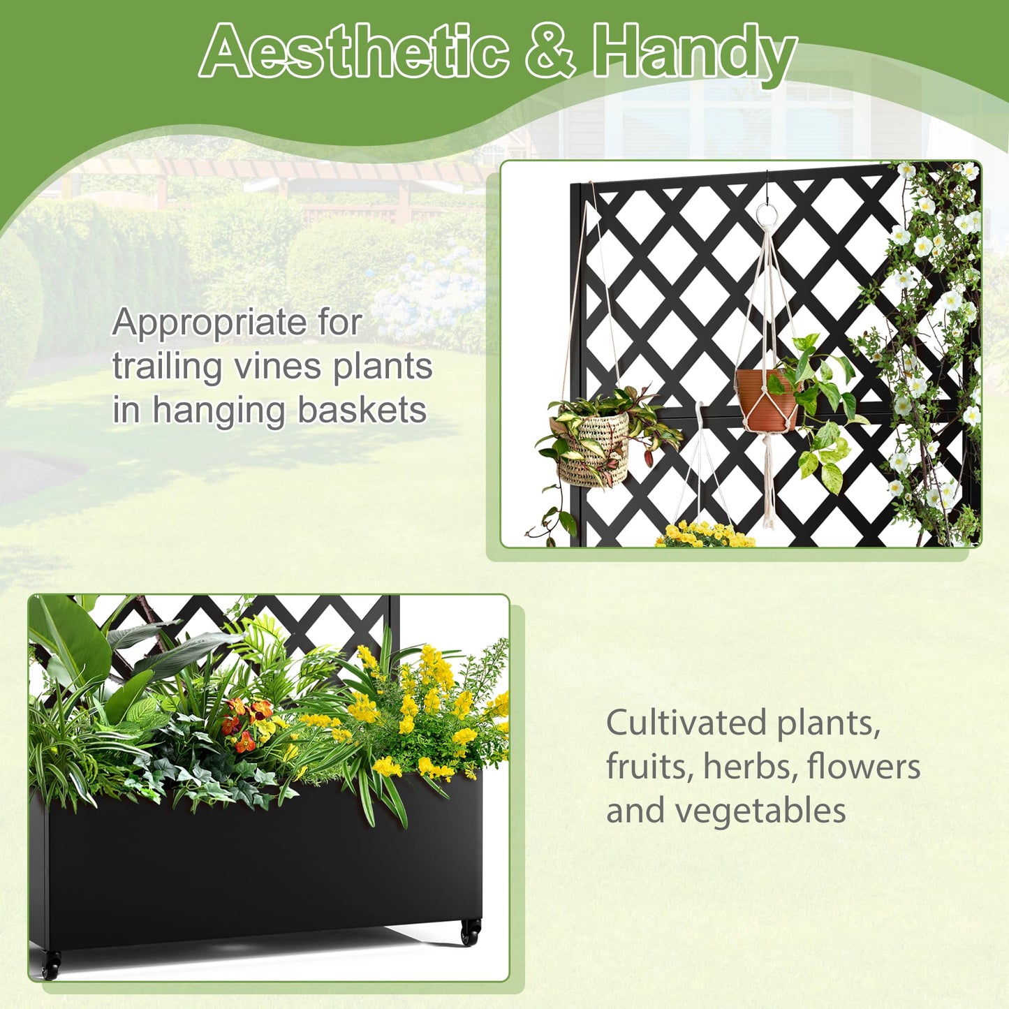 YESUNEED Metal Planter Trellis Box with Wheels & Drain Plug Outdoor Raised Garden Bed Patio Privacy Screen with Planter for Climbing Plants, Vegetables 73"x35"x16" Black-Diamond