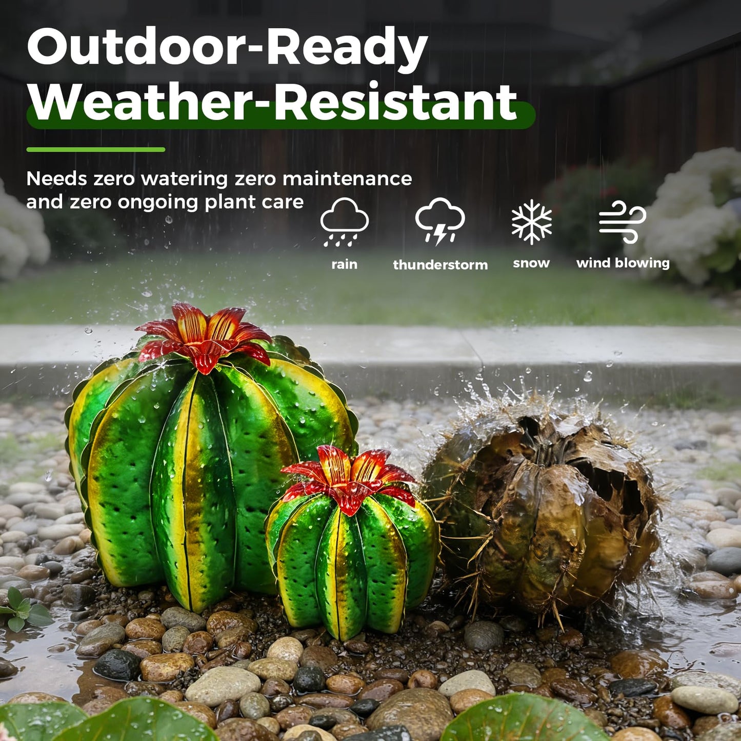 KODIBO Garden Statues, Metal Agave Plant with 4-Pack Artificial Barrel Cactus, Yard Sculpture for Outdoor Patio Lawn