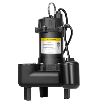 VIVOHOME 3/4 HP Submersible Cast Iron Sewage/Effluent Pump, 4680 GPH Float Switch Sump Pump with 2'' NPT Discharge for Basement, Septic Tank