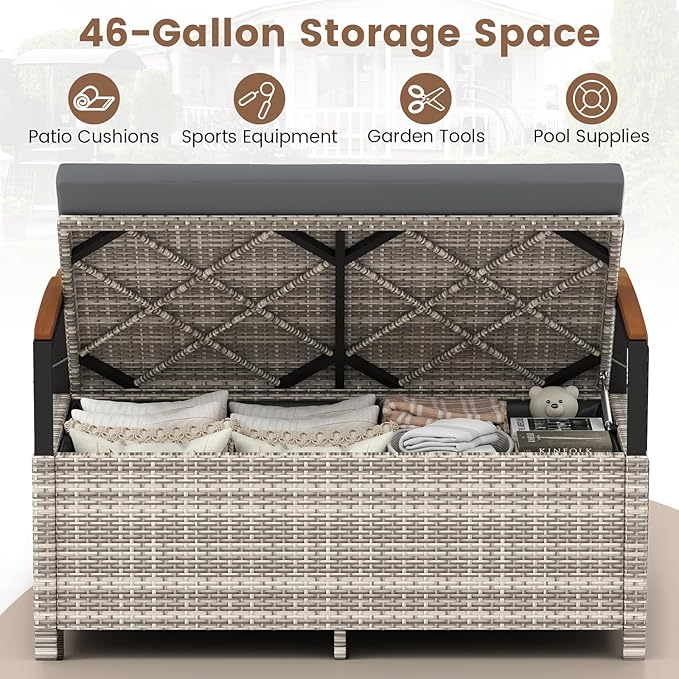 Tangkula 46 Gallon Outdoor Bench with Storage, Outdoor PE Rattan Storage Bench with Cushion, Backrest & Acacia Wood Armrests, Metal Frame, Waterproof Deck Box Seat for Porch Backyard Poolside