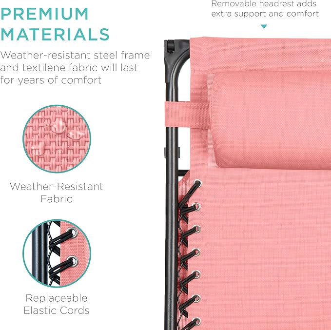 Best Choice Products Folding Zero Gravity Outdoor Recliner Patio Lounge Chair w/Adjustable Canopy Shade, Headrest, Side Accessory Tray, Textilene Mesh - Pink