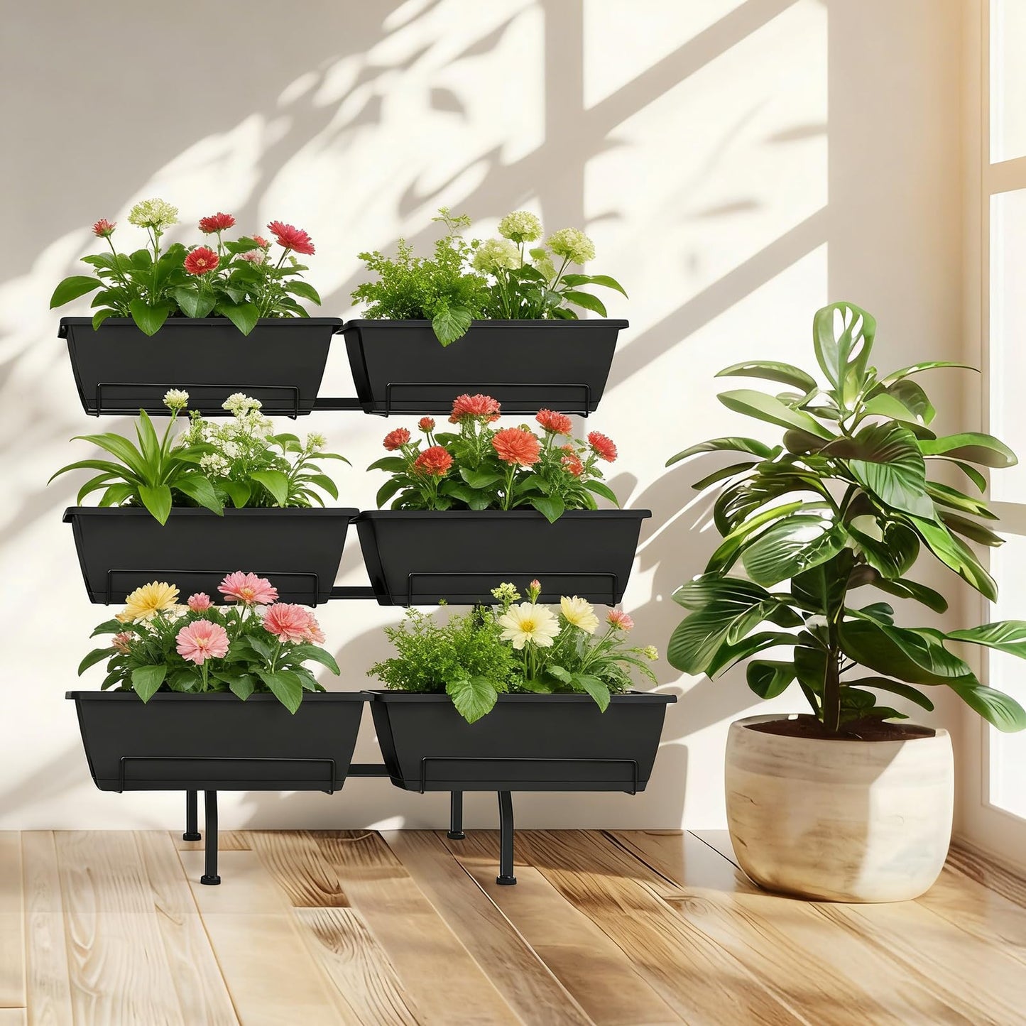 ETELI Vertical Garden Planter 3 Tier Vertical Raised Garden Bed with 6 Garden Planter Boxes Elevated Raised Bed with Drainage Holes Outdoor Standing Garden Planter for Herbs Flowers Vegetables, Black