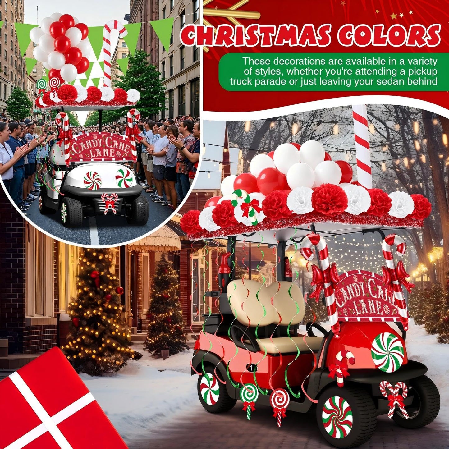 Soulchen 100 Pcs Christmas Golf Cart Decorations Xmas Candy Canes Lollipop PVC Decor Inflatable Red Tinsel Garlands Banner Red Hanging Swirls Tissue Paper Pompoms for Golf Cart Party Supplies Decor