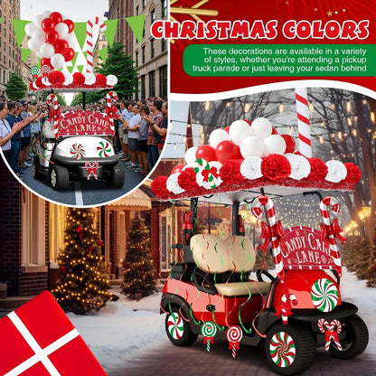 Soulchen 100 Pcs Christmas Golf Cart Decorations Xmas Candy Canes Lollipop PVC Decor Inflatable Red Tinsel Garlands Banner Red Hanging Swirls Tissue Paper Pompoms for Golf Cart Party Supplies Decor