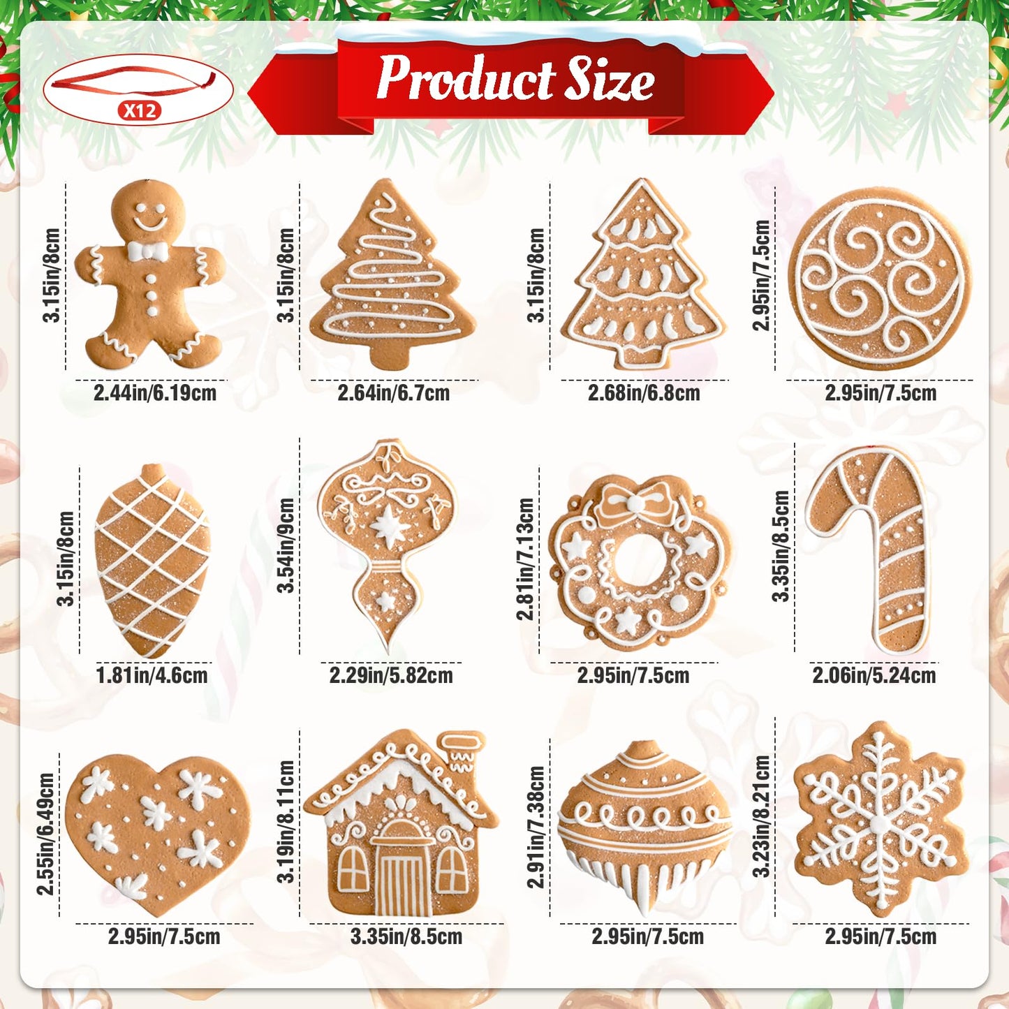 12 Pcs Gingerbread Cookie Ornaments, Funny Christmas Tree Cookie Decorations, Xmas Tree Snowflake Gingerbread Shaped Ornament for Xmas Winter Holiday Crafts Decor Indoor
