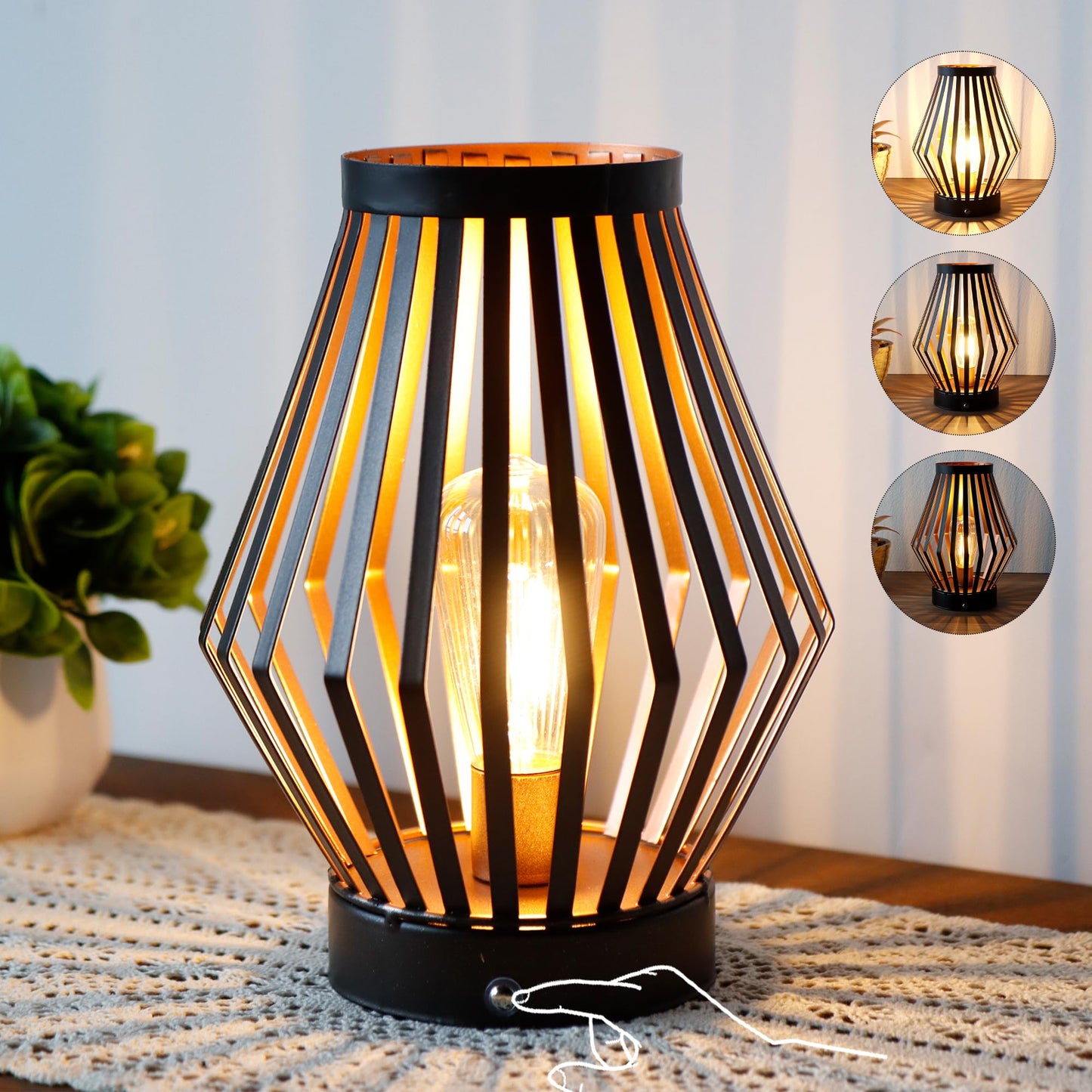 JHY DESIGN Dimmable Touch Bedside Table Lamp 20cm High Rechargeable Metal Cage Lantern with LED Edison Style Bulb Cordless Accent Lamp for Weddings Parties Patio Events for Indoors Outdoors