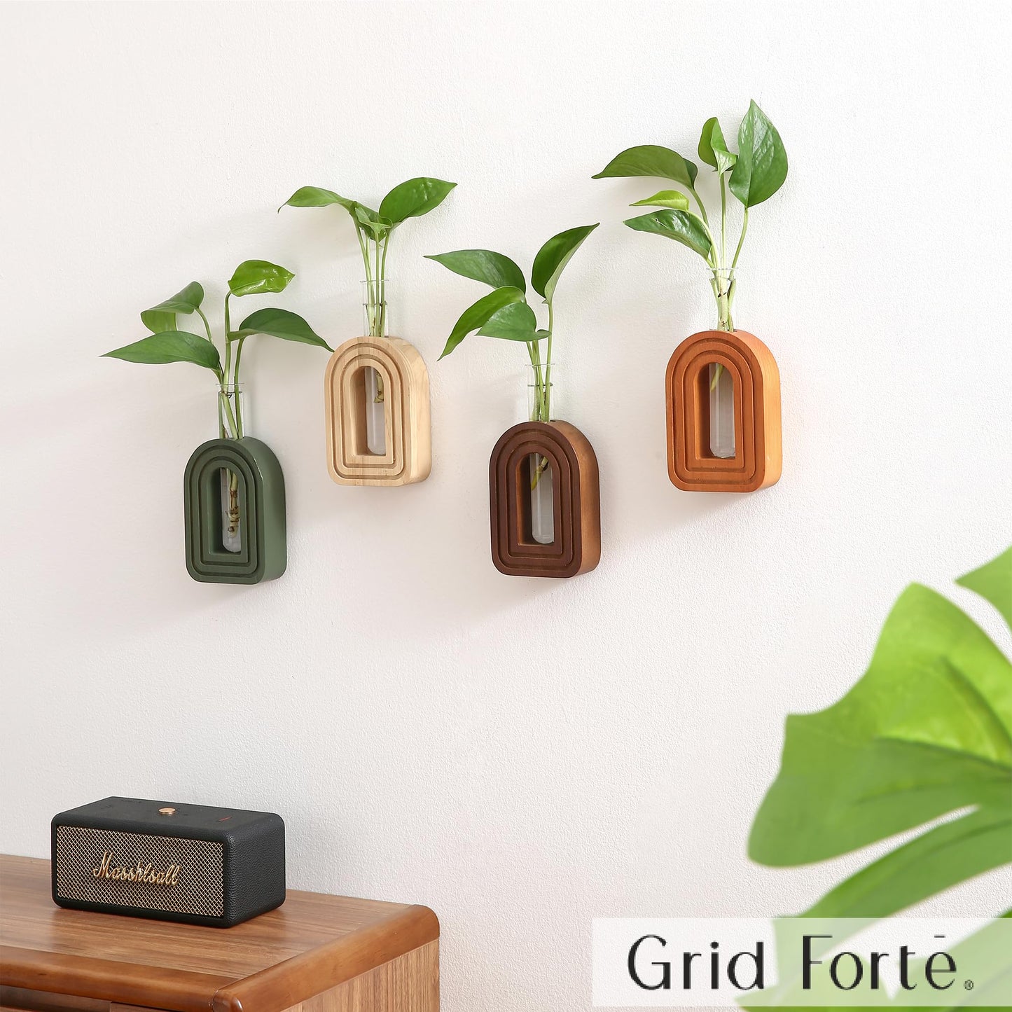 GRID FORTE Wood Wall Arched Propagation Vases (Set of 4), Hanging Plant and Flower Vases, Home Decor Boho Wall Decoration for Living Room Bedroom