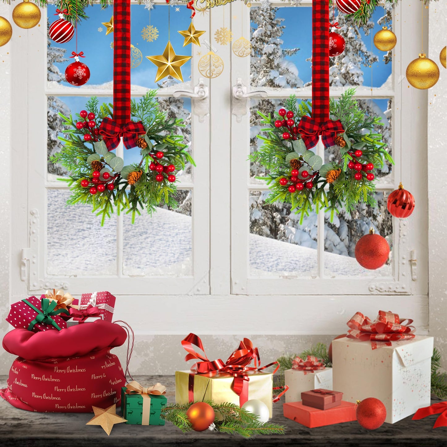 Small Christmas Wreath - 2Pcs Mini Wreaths with Red Berry Pine Eucalyptus for Kitchen Window Decor Small Farmhouse Wreaths Garland for Indoor Home Cabinet Decorations