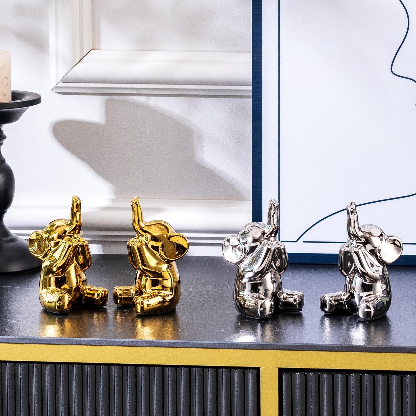 SURE YUESI Pair of Small Silver Elephant Figurines, Modern Boho Decorative Statues, Lucky Elephant Home Decor for Living Room, Bedroom, Office Desk & Shelf