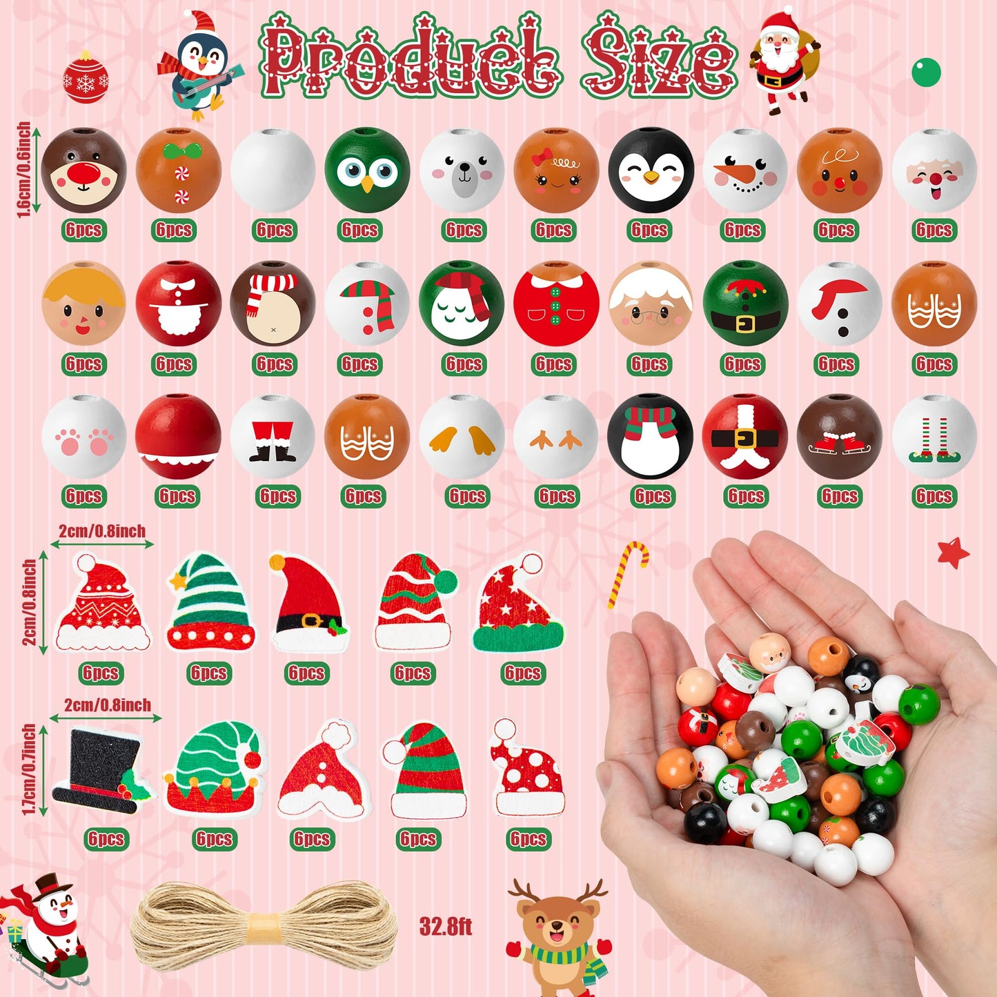 HoniedPepperino Christmas Wooden Bead with Twine - 240Pcs DIY Santa Claus Snowman Gingerbread Man Elf Bead Garland Crafts, Xmas Farmhouse Rustic Round Decor Ornaments for Christmas Winter Party Home