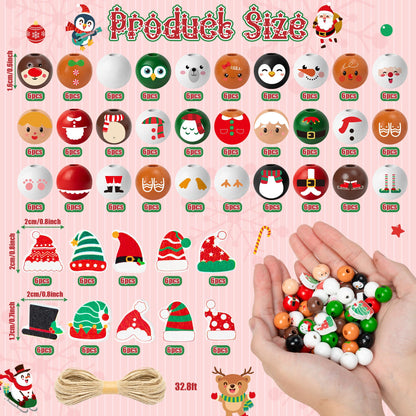 HoniedPepperino Christmas Wooden Bead with Twine - 240Pcs DIY Santa Claus Snowman Gingerbread Man Elf Bead Garland Crafts, Xmas Farmhouse Rustic Round Decor Ornaments for Christmas Winter Party Home
