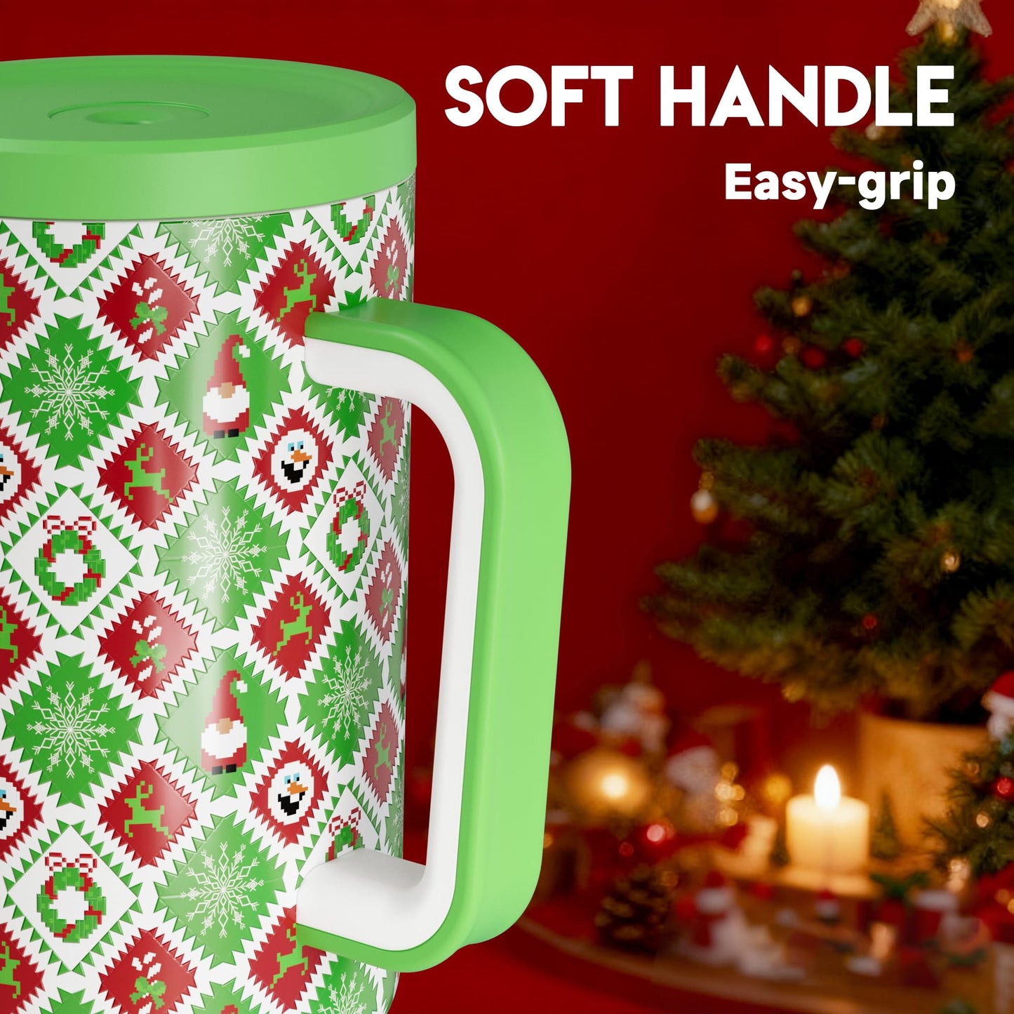 Meoky 40 oz Christmas Tumbler with Handle and Straw, Xmas Tumbler with Lid and Straw, Insulated Stainless Steel Travel Mug, Christmas Gifts for Women Men Adults (Snowy Santa)