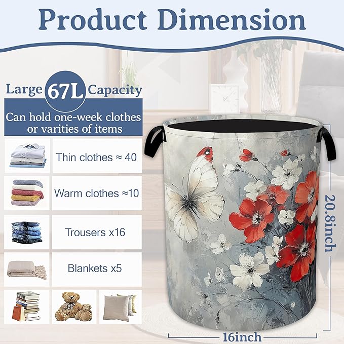 Butterfly Flowers Laundry Basket, Foldable Oxford Cloth Red Laundry Hamper
