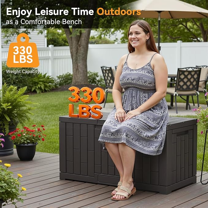 NEWBULIG 60 Gallon Deck Box, Waterproof Outdoor Storage Box with Lockable Lid, Patio Furniture Bench & Side Table, Outside Storage Container, Tool-Free Assembly, for Garden, Pool, Brown
