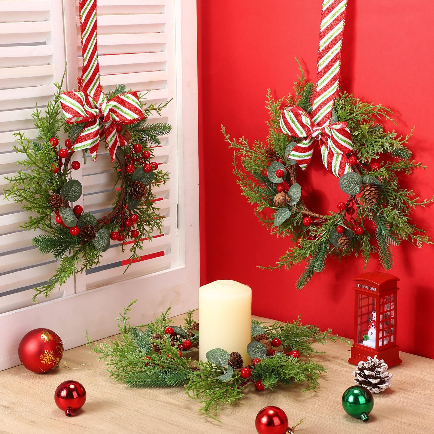 Suncalla 8 Pcs Christmas Kichen Cabinet Wreaths Bulk 7.87 Candy Cane Artificial Faux Candle Ring Wreath with Glitter Red White Green Ribbon Bow Pine Berries Christmas Decor for Xmas Home Window Door