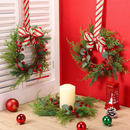Suncalla 8 Pcs Christmas Kichen Cabinet Wreaths Bulk 7.87 Candy Cane Artificial Faux Candle Ring Wreath with Glitter Red White Green Ribbon Bow Pine Berries Christmas Decor for Xmas Home Window Door