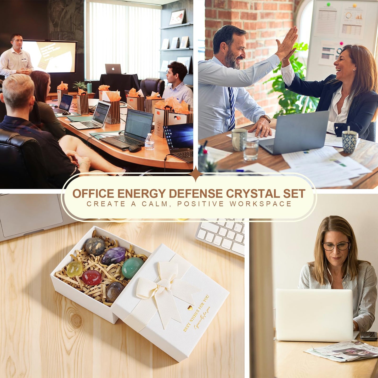 Workplace Crystals Set - 6PC Healing Stones with Gift Box, Blessing Card & Bag for Office Desk, Stress Relief, Focus, Spiritual Gift for Coworker