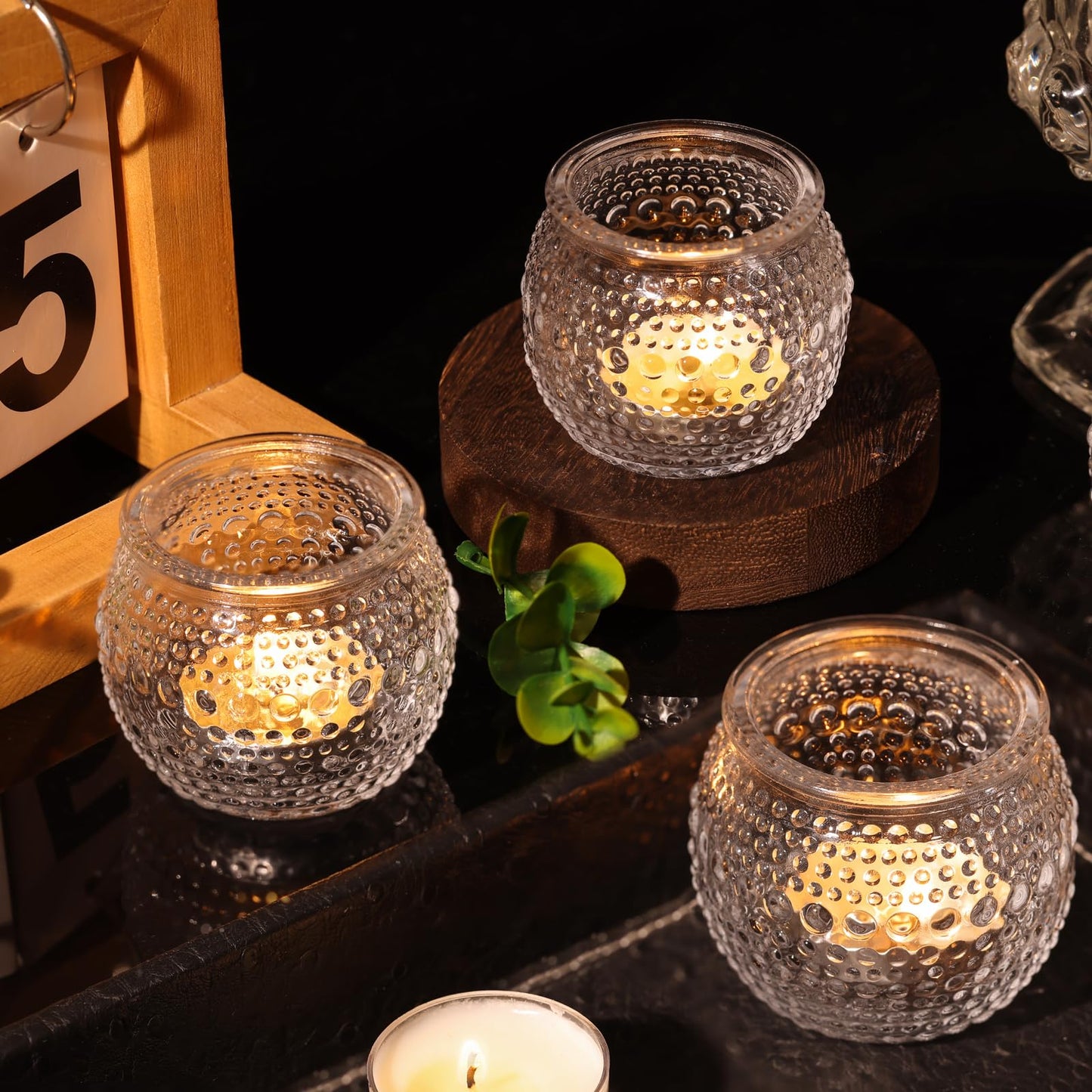 32 Pcs Clear Votive Candle Holders, Round Votive Candle Holders with Polka Dot Embossed for Table Centerpiece, Tealight Candle Holder for Weddings, Home Decor, Baby Shower, Special Occasions