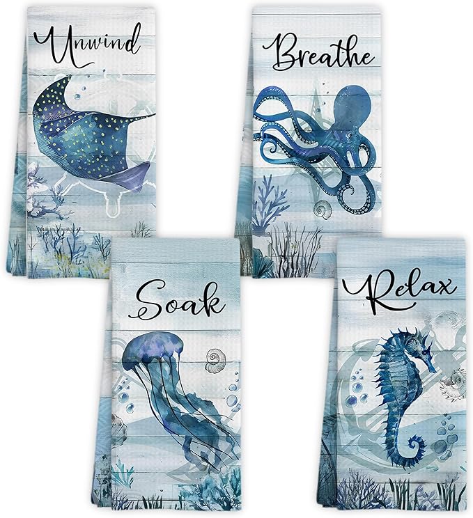 Nautical Hand Towels, Coastal Beach Bathroom Decor, Manta Ray Octopus Jellyfish