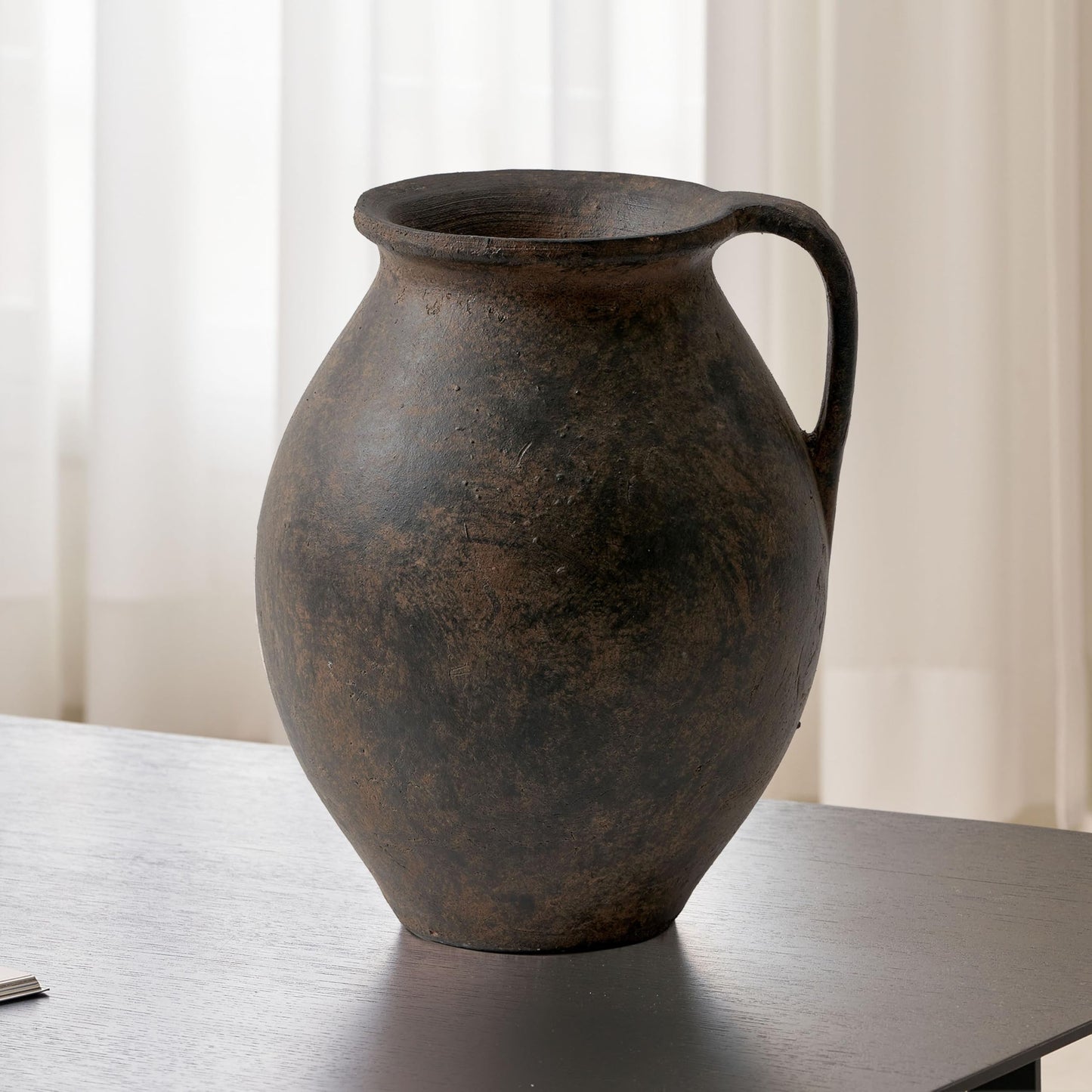LB2 Brown Ceramic Large Vase, 11.2" Tall Zen Style Vase, Terra Cotta Pitcher, Distressed Farmhouse Decor, Pottery Decorative Flower for Home Decor (D - Brown 11.2")