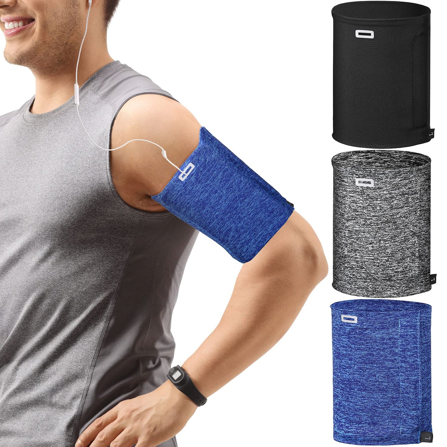 3 Pieces Running Phone Armband for Men Women, Univesal Arm Bands for Phones Below 7 Inches, Cell Phone Sleeve Holder Arm Bands for Walking Hiking Jogging Travel (Black, Gray, White-Blue, L)