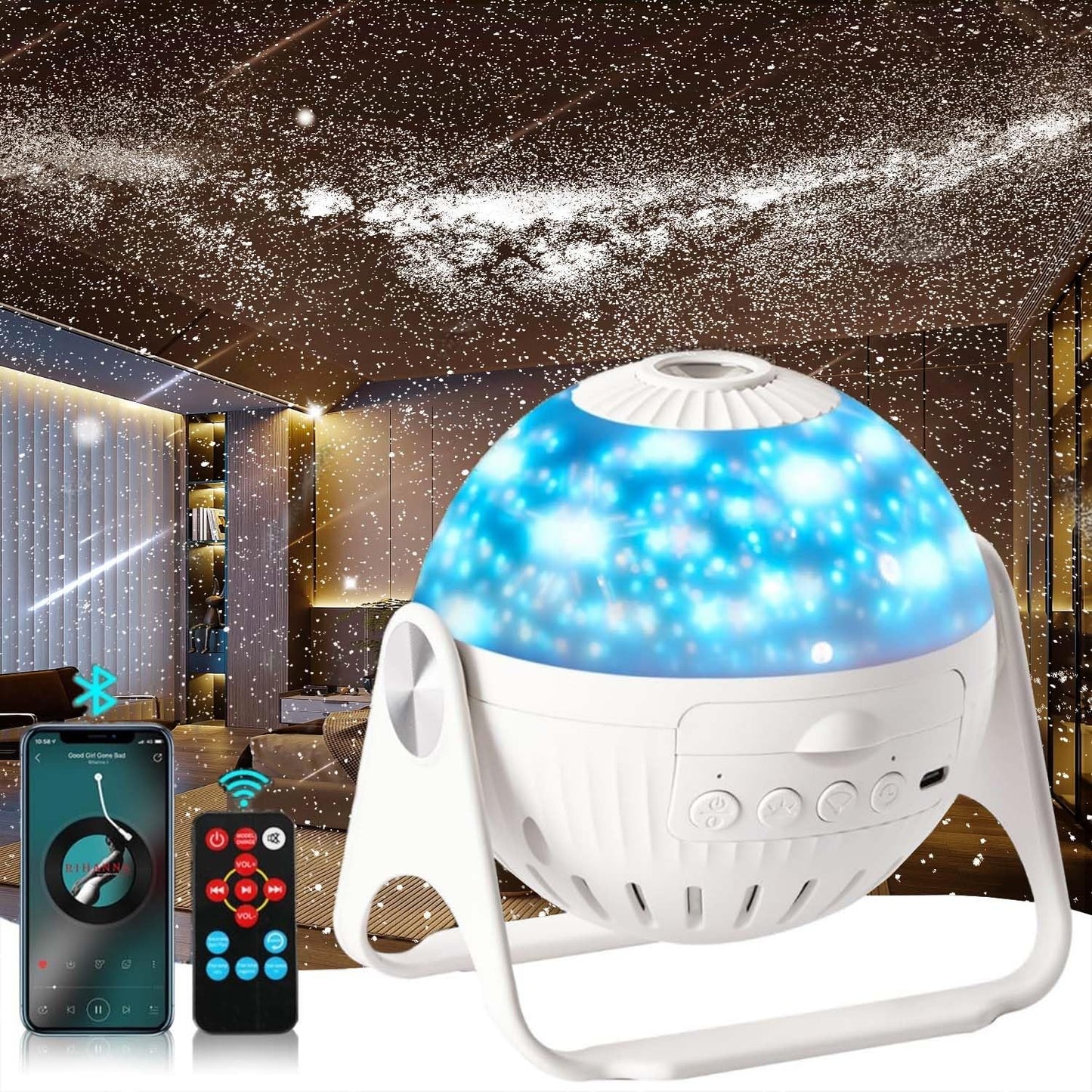 Star Projector, 7 in 1 Galaxy Projector, Night Light for Kids Bedroom, Ceiling, Projector with Bluetooth Speaker, Remote Control & White Noise, Timer 360° Rotating, Christmas, Room Decor (Bluetooth)