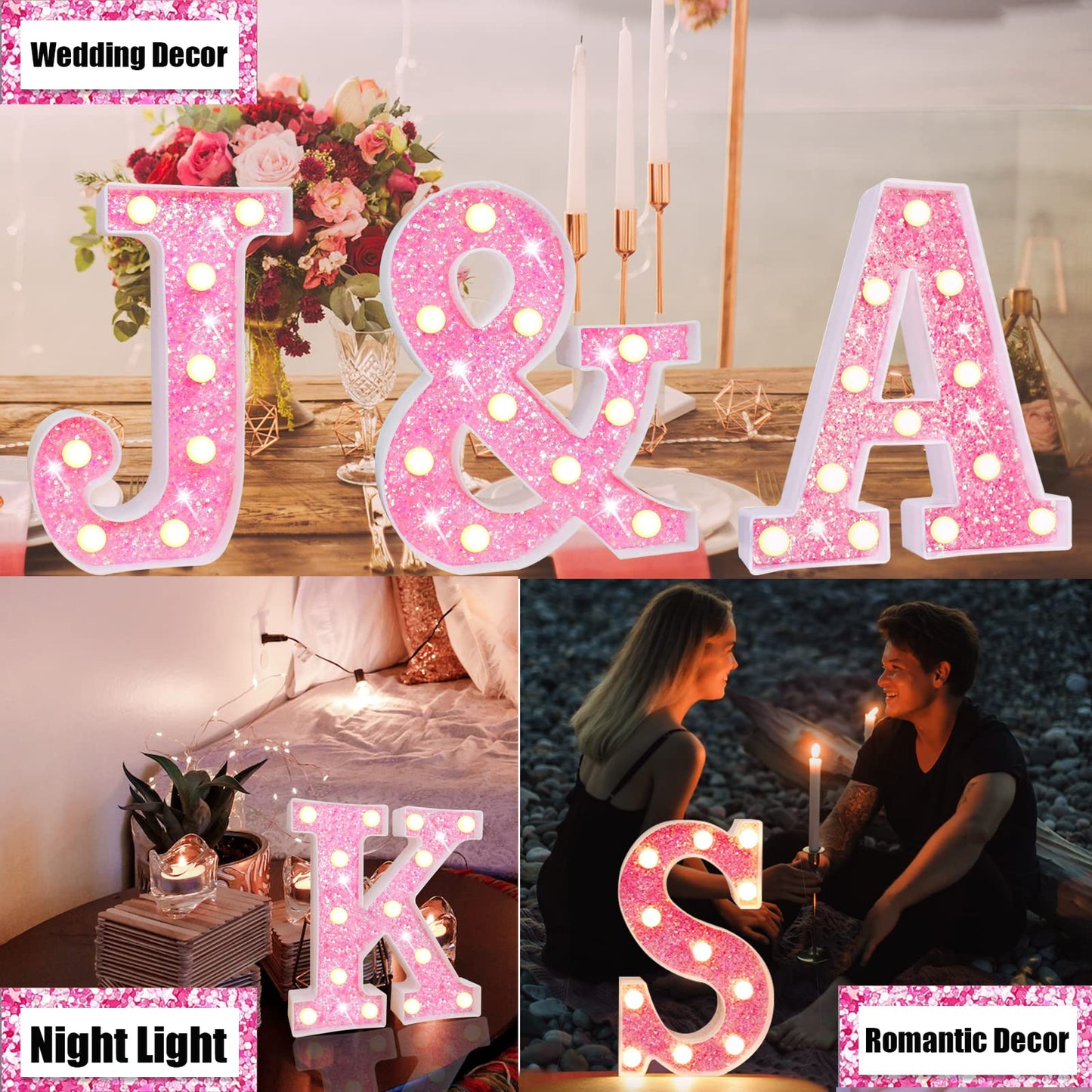 Pink Light Up Letters, Glitter Alphabet Letter Sign LED Marquee Letter Lights Battery Powered for Night Light Girls Bedroom Birthday Party Wedding Home Christmas Decorations Gift for Her-Pink I