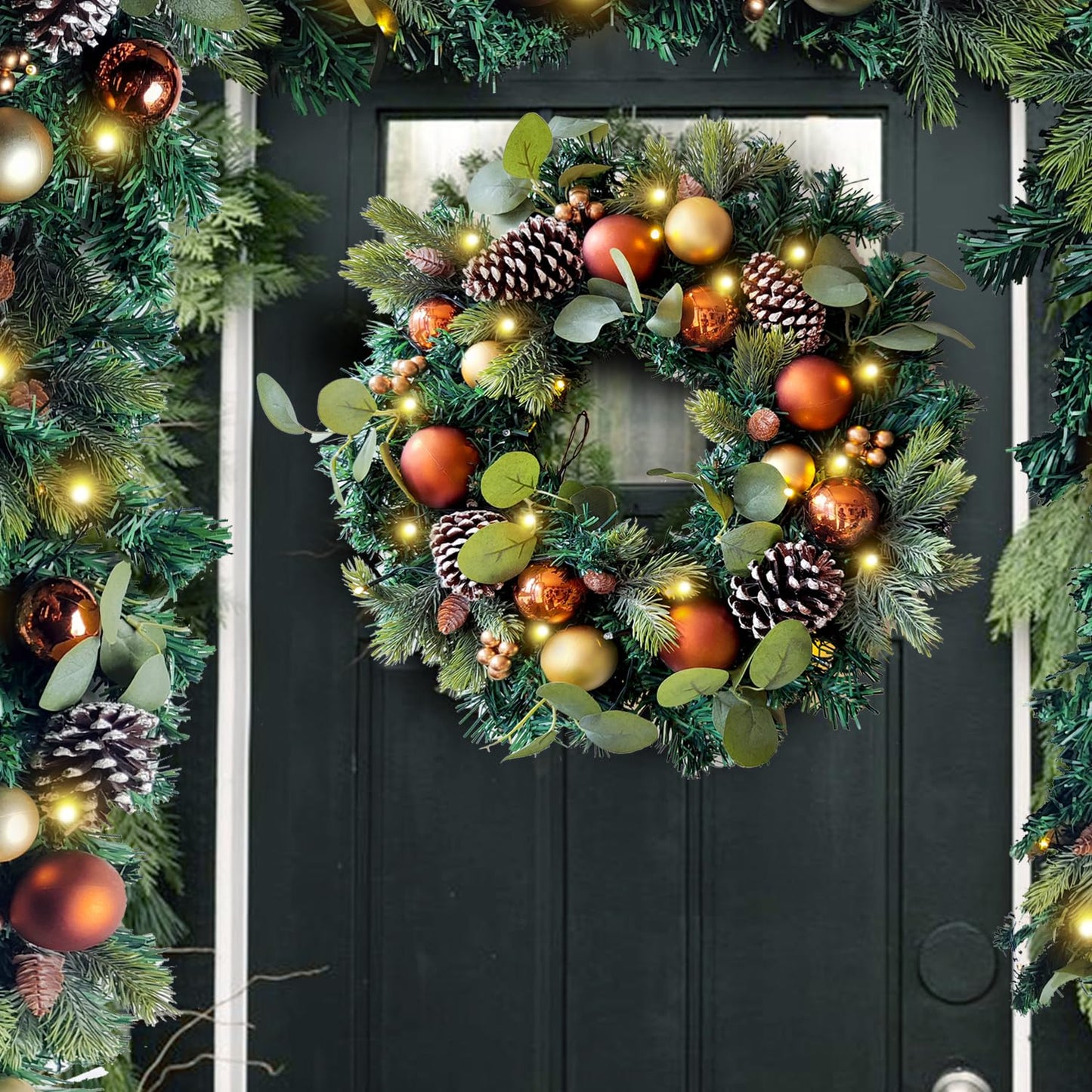 WANNA-CUL Pre-Lit 20 Inch Lighted Christmas Wreath for Front Door Decoration with Copper Gold Christmas Ball Ornaments,Battery Operated 30 LED Lights