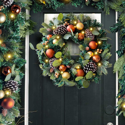 WANNA-CUL Pre-Lit 20 Inch Lighted Christmas Wreath for Front Door Decoration with Copper Gold Christmas Ball Ornaments,Battery Operated 30 LED Lights