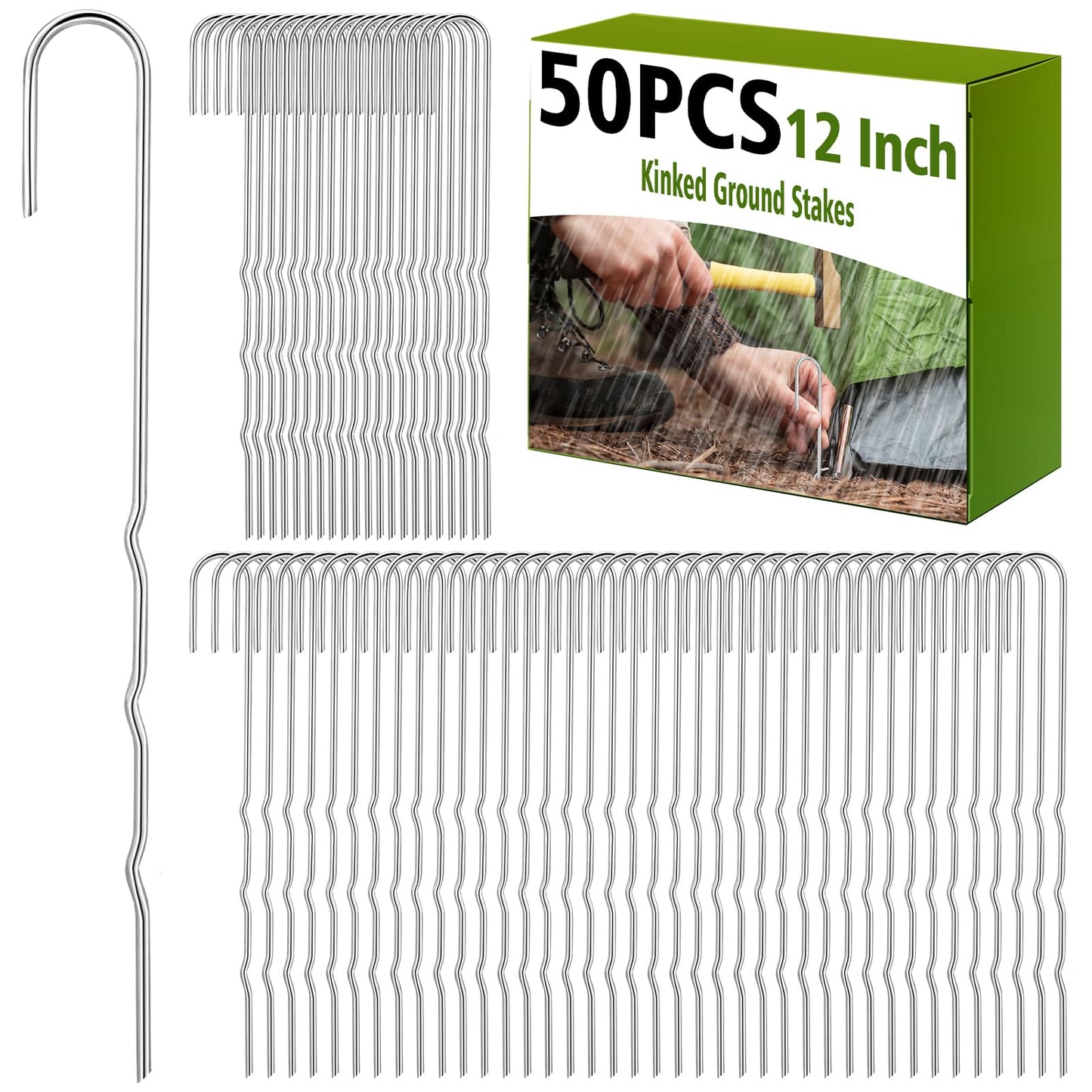 Yaocom 50 Pcs Kinked Ground Stakes 12 Inch Metal Garden Fence Edging Hook Heavy Duty J Shaped Galvanized Tent Fence Spikes for Dogs Digging Canopy Outdoor Yard Christmas Inflatables Decorations