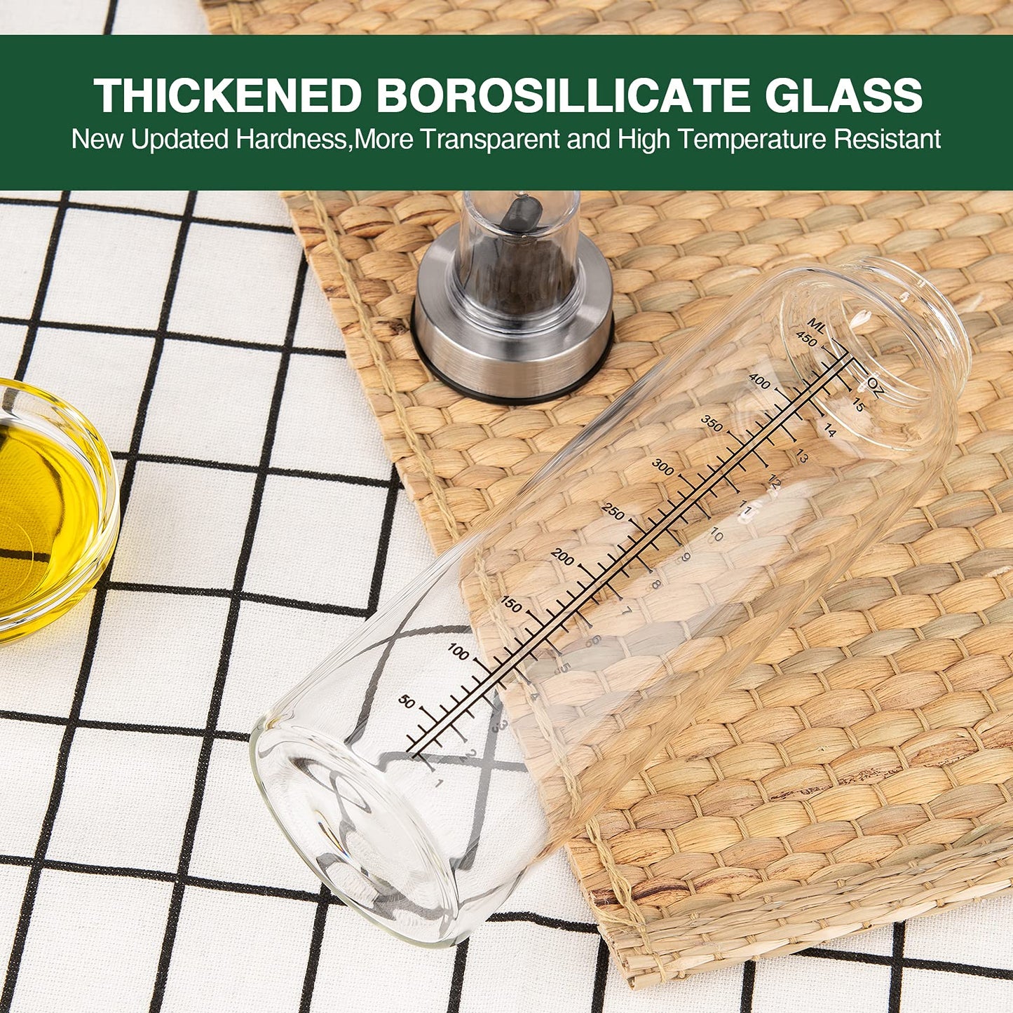 Oil Bottles Oil Dispenser for kitchen 17oz 2 Pack, Oil Container Kitchen Olive Oil Dispenser Bottle with Degree Scale, Glass Oil Dispenser Oil and Vinegar Dispenser Set for Kitchen, Air Fryer, BBQ