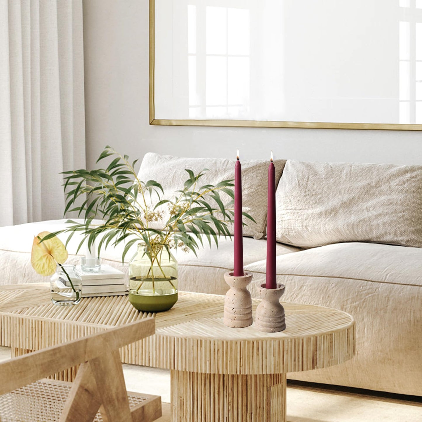 WORHE Candle Holders Italy True Natural Travertine Stone Set of 2 Premium Marble Candlestick Holder for Wedding Dinning Party Candle Stand for Dia 3/4" Taper Pillar Candles Color Beige (CH6065YL)