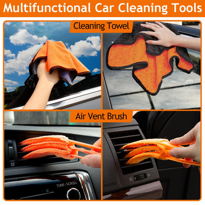 THINKWORK Car Detail Duster Kit - 17PCS Perfect Dust Removal Kit for Interior and Exterior, Detailing Brush, Cleaning Gel, Window Brush, Coral Fleece Towels and Cleaning Pads
