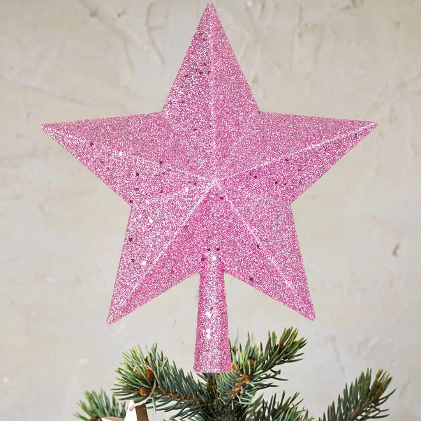Artiflr 10 Inch Christmas Tree Topper, Pink Star Tree Topper Glittered Christmas Tree Decorations for Indoor Home Décor (Pink)