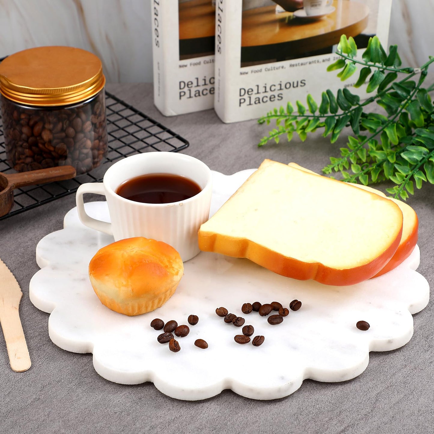 Newtay 12 Inches Marble Cutting Board Round Marble Tray White Scalloped Board with Non Slip Decorative Pastry Tray for Kitchen Pizza Cake Bread Baking Cheese Display