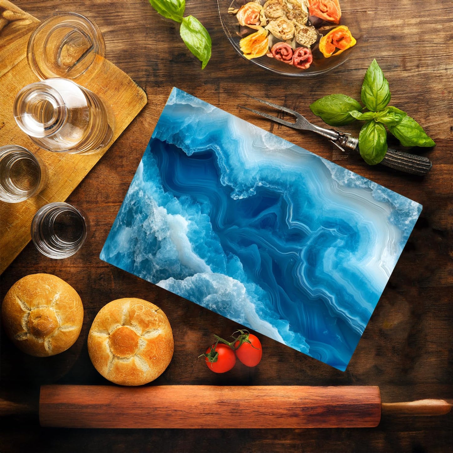 Blue Agate Crystal Marble Kitchen Glass Cutting Board Ocean Decorative Gift Marbled Granite Stone Rock Gift For Her Mom Wife (Agate)