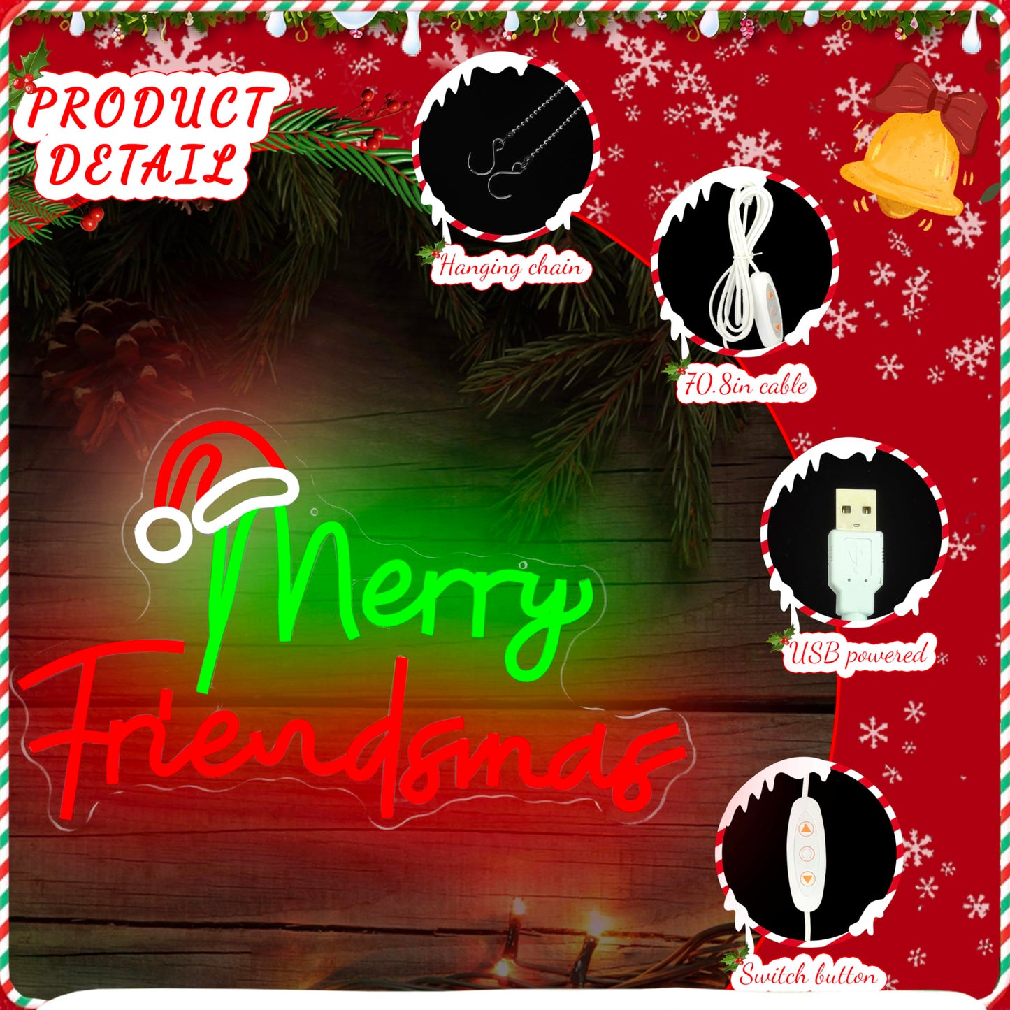 FuugZze Christmas Neon Signs Merry Friendsmas Neon Lights Christmas Led Signs for Bedroom Wall Dimmable Merry Friendsmas Light Up Signs for Friends Party Decorations Party Gift