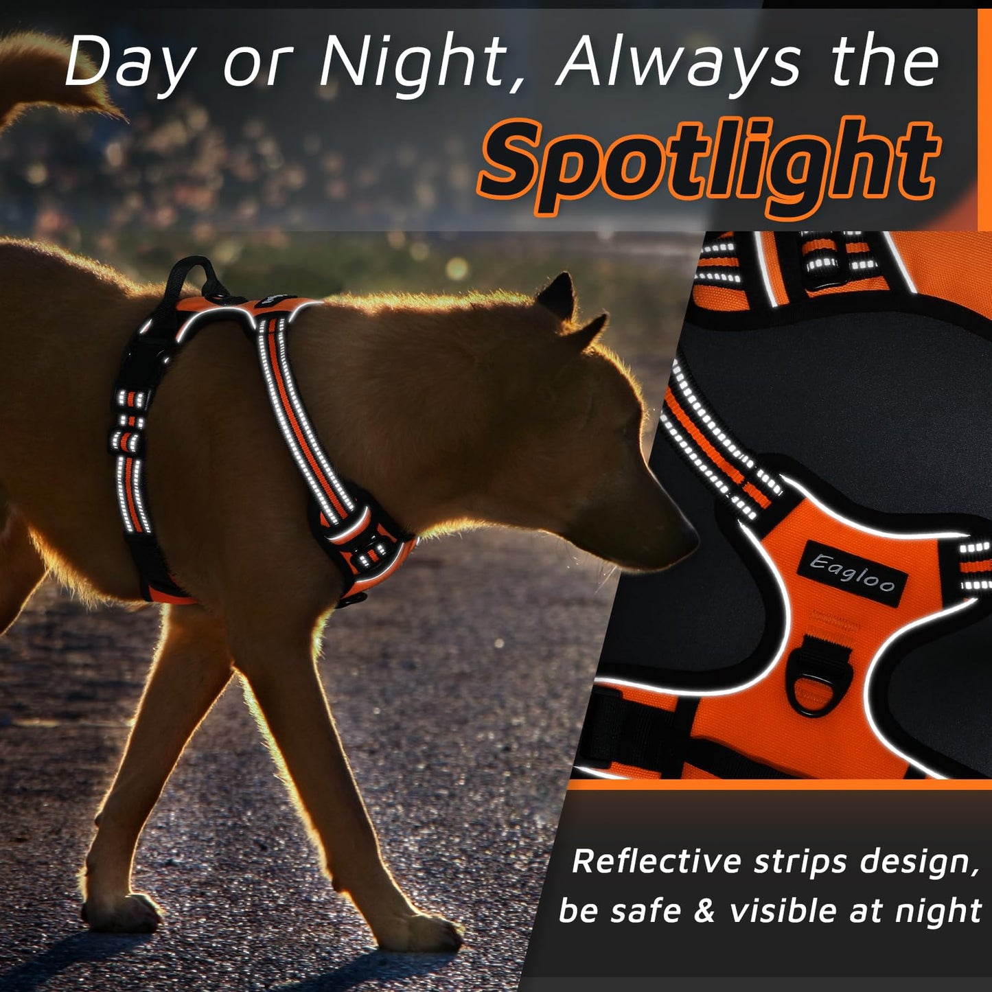 Eagloo Dog Harness for Large Dogs, No Pull Service Vest with Reflective Strips and Control Handle, Adjustable and Comfortable for Easy Walking, No Choke Pet Harness with 2 Metal Rings, Orange, L