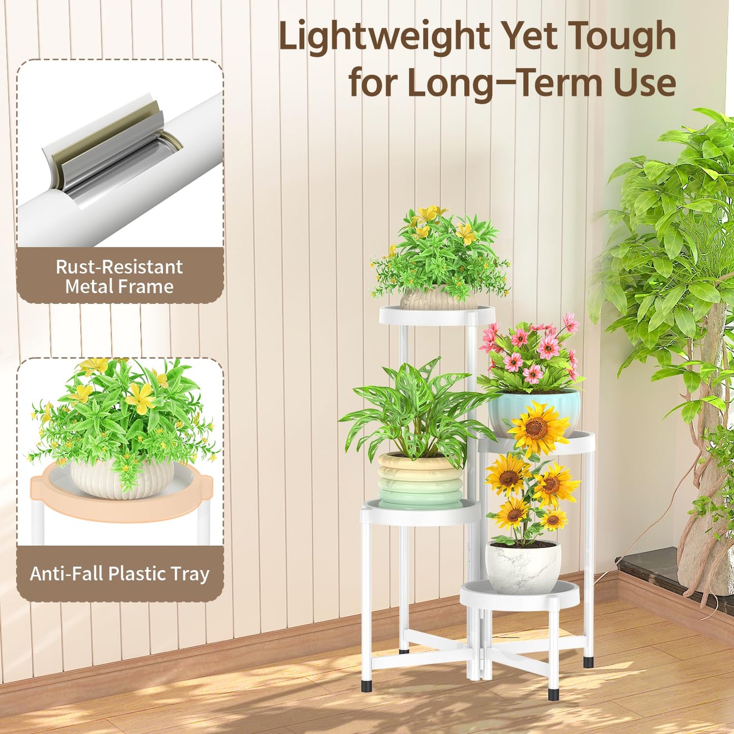 LASZOLA 4 Tiered Plant Stand Indoor Outdoor with Plastic Tray, Corner Folding Tall Flower Display Rack, Modern Plant Holder Shelf for Outdoor Patio Porch Garden Office Living Room, White