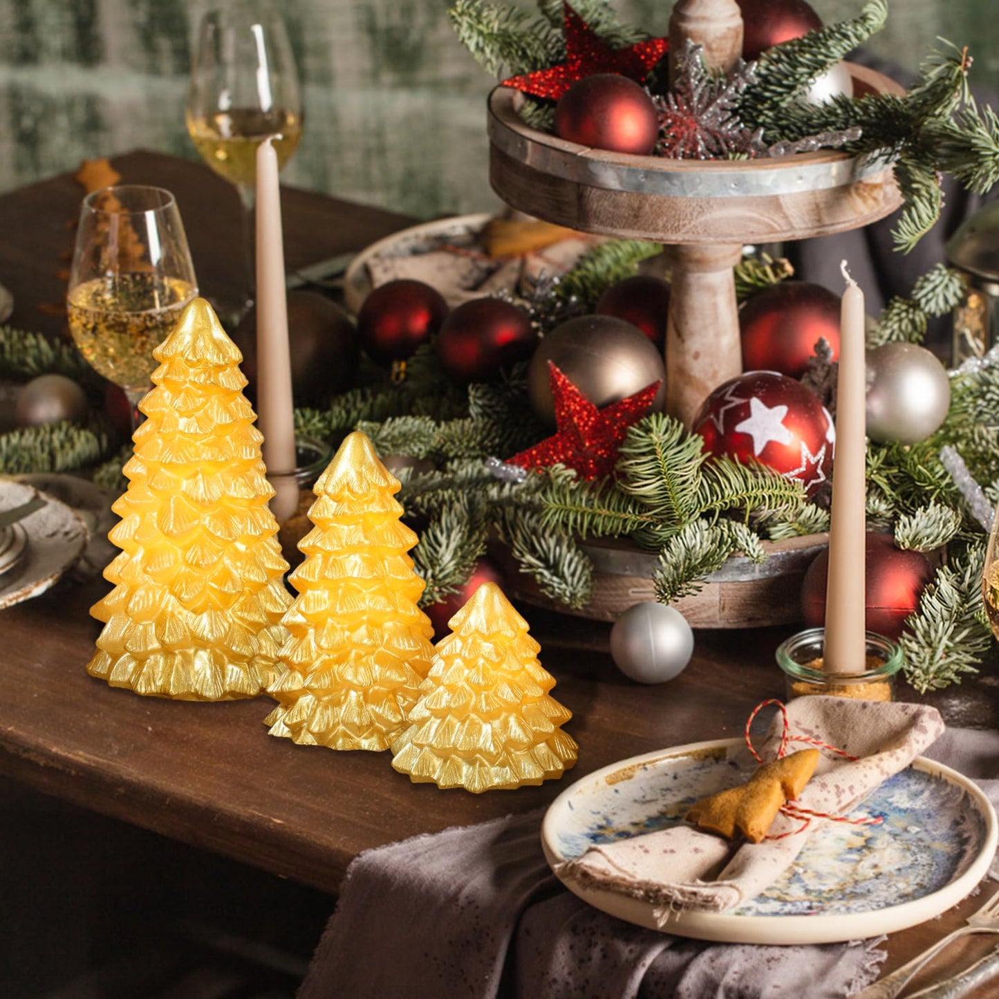 FLAVCHARM Gold Christmas Tree Flameless Candles with Remote Battery Operated Flickering LED Tabletop Lighted Xmas Tree Figurines for Fireplace Home Decor Indoor Holiday Christmas Gifts